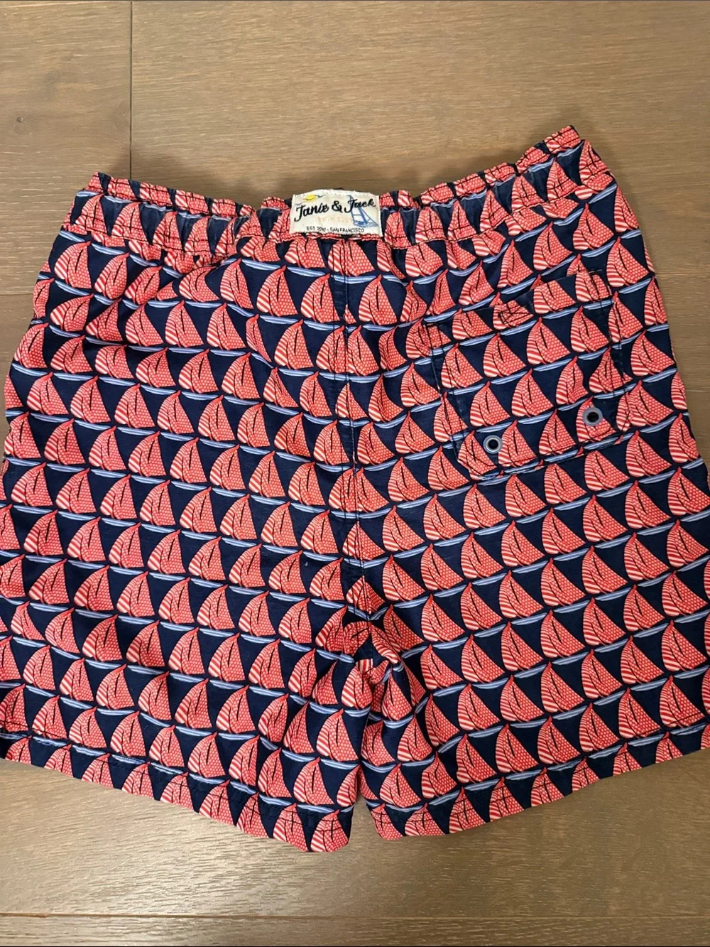 Janie and Jack Navy and Coral Sailboat Swim Trunks